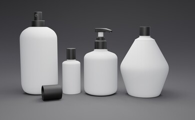 Set of empty realistic packaging for cosmetic product. Collection Blank Template Plastic Container For Cream, Probes, Paste Or Gel Mockup Packages Isolated Black background 3d illustration.