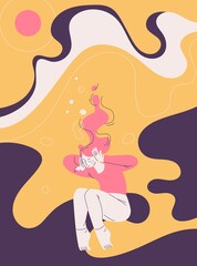 Depressed woman drowning in the water with closed ears. Concept illustration about mental health and problems in pink, yellow and purple