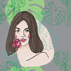 Seamless pattern with girl and tropical flowers. One line drawing. Large monstera leaves.