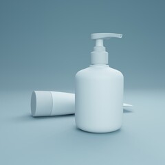 Teal bottles on purple background. Modern cover design. 3d illustration.