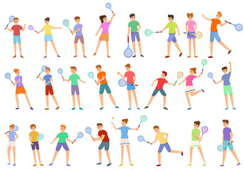 Fototapeta na wymiar Kids playing tennis icons set. Cartoon set of kids playing tennis vector icons for web design