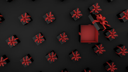 Black Friday background black gifts and red ribbon. 3D Render