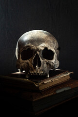 Human skull resting on ancient books. Black background with space for text