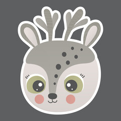 Cartoon cute smiling little deer face with antlers, big green eyes, ruddy cheeks and white outline on a square dark brown background. For sticker, poster, children's design, postcard, mask. Vector.