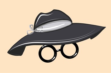 Accessory for the face. Fashionable black women s hat with a wide brim and round glasses. Vector on an isolated background. Portrait mask.