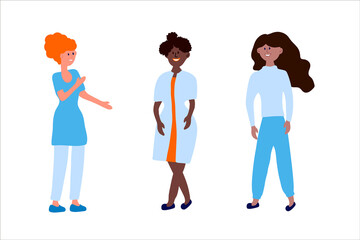 Set of vector illustrations of people-multiracial women. Feminist concept of a woman with a different skin color. Cartoon collection of reusable female characters in full growth. Vector illustration