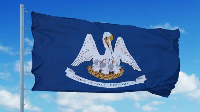 Louisiana flag on a flagpole waving in the wind, blue sky background. 4K