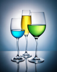 Wine glasses with colored liquid with reflection on a colored background.