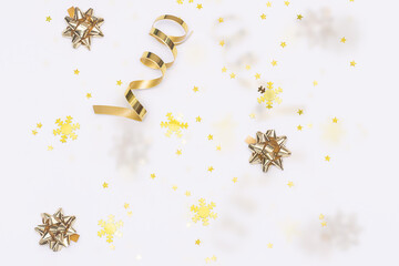 Golden Christmas decorations on white background. Christmas and New Year greeting card mock up.