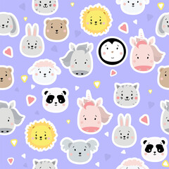 Seamless patterns. Kids collection. Cute animal stickers - bear, lion and penguin, unicorn and rabbit, hare and sheep, cat, horse, koala and panda on a blue background with hearts. Vector illustration