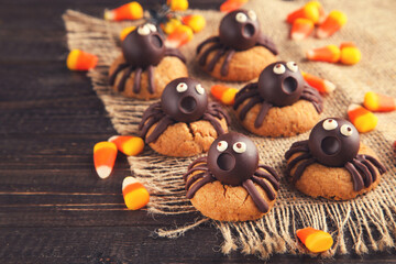 Halloween cookies with chocolate spiders and candies on wooden background