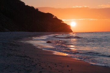 sundown, plaża, morski, oceanu, wschody, woda, niebo, słońce, krajobraz, piach, wybrzeze, fala,...