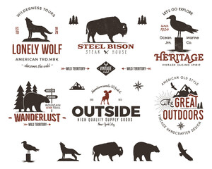 Wild animal badges set and outdoors activity insignias. Retro illustration . Typography camping style.  logos with letterpress effect. Custom explorer quotes. Rough © jeksonjs
