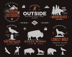 Wild animal badges set and outdoors activity insignias. Retro illustration of animal badges. Typography camping style. Animal badges logos with letterpress effect. Custom explorer quotes © jeksonjs