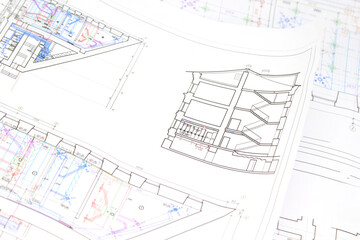 Architectural design, drawings, drawings are lying on the table. Construction Fund, engineering tools. top view