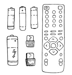 Set of vector elements remote control and batteries, written by hand in black line in the style of Doodle isolated on a white background. Set with various gadgets.