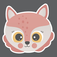Cartoon cute face of smiling little fox in pink colors with big eyes, ruddy cheeks, white outline on a dark brown background. For sticker, poster, children's design, fashionable baby clothes. Vector.