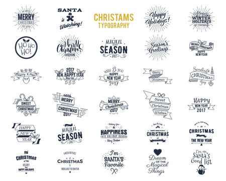 Big Christmas bundle - typography wishes, funny badges, holiday icons and other elements. New Year 2017 lettering, sayings vintage labels. Season's greetings calligraphy. Stock isolated