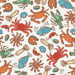 Vector cartoon pattern on the theme of seafood, marine life. Colorful background with fish, octopus, crayfish, crabs, shrimps, mussels, squids - 388124840