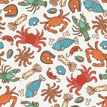 Vector cartoon pattern on the theme of seafood, marine life. Colorful background with fish, octopus, crayfish, crabs, shrimps, mussels, squids