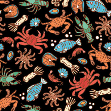 Vector colorful pattern on the theme of seafood, marine life. Cartoon background with fish, octopus, crayfish, crabs, shrimps, mussels, squids on black color