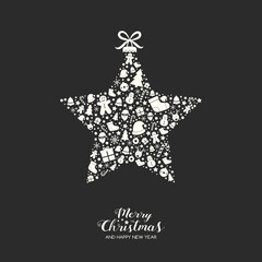 Christmas star with festive elements and wishes. Xmas greeting card. Vector