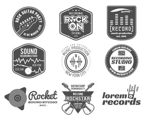 Set of music production logo, label, sticker, emblem, print or logotype with elements - guitar for sound recording studio, t shirt. Podcast and radio badges, typography design