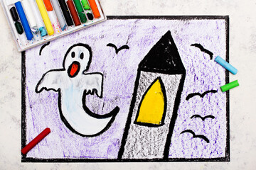 Colorful hand drawing: Old scary tower and ghost at night. Halloween drawing on white  background