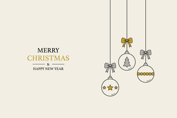 Xmas greeting card with decorations. Hanging Christmas balls with text. Vector