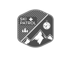 Ski Patrol Label. Vintage Mountain winter sports explorer badge. Outdoor adventure logo design. Travel hand drawn and hipster emblem. First aid icon symbol. Monochrome design. Wilderness