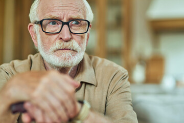 Senior man sitting and holding wooden walking stick at home