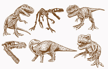 Vector set of dinosaurs, sepia background