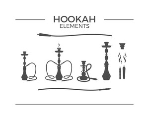 Set of shilhouette Hookah design elements. Use for labels, badges. Vintage shisha logo symbols. Lounge cafe emblem, icon. Arabian bar or house, shop. Isolated illustration.