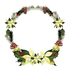 Watercolor christmas wreath with flowers, holly leaves, cones, pine branches, berries. Hand drawn illustration