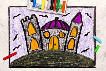 Colorful hand drawing: Old scary castle at night. Halloween drawing on white  background