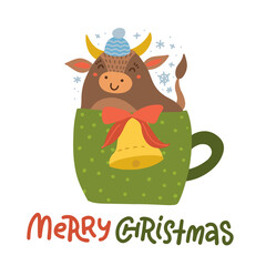 Baby cow bull cute character symbol of 2021 year ox sitting with bell in green cup for hot drink with a snowflake. Christmas, New Year, winter holiday animal character. Vector flat illustration.