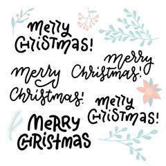 Naklejka na ściany i meble Merry Christmas Lettering Design Set with floral elements.