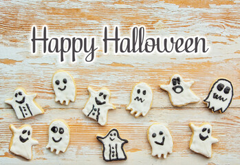 Halloween Jack o Lantern cookies, pumpkin, ghost, black cat, witch hat. Trick or Treat background
