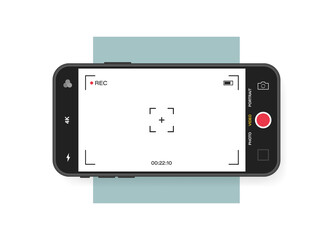 Mobile phone with record frame camera. Viewfinder template. 4K phone resolution video rec frame. Video recording screen. Vector graphic design