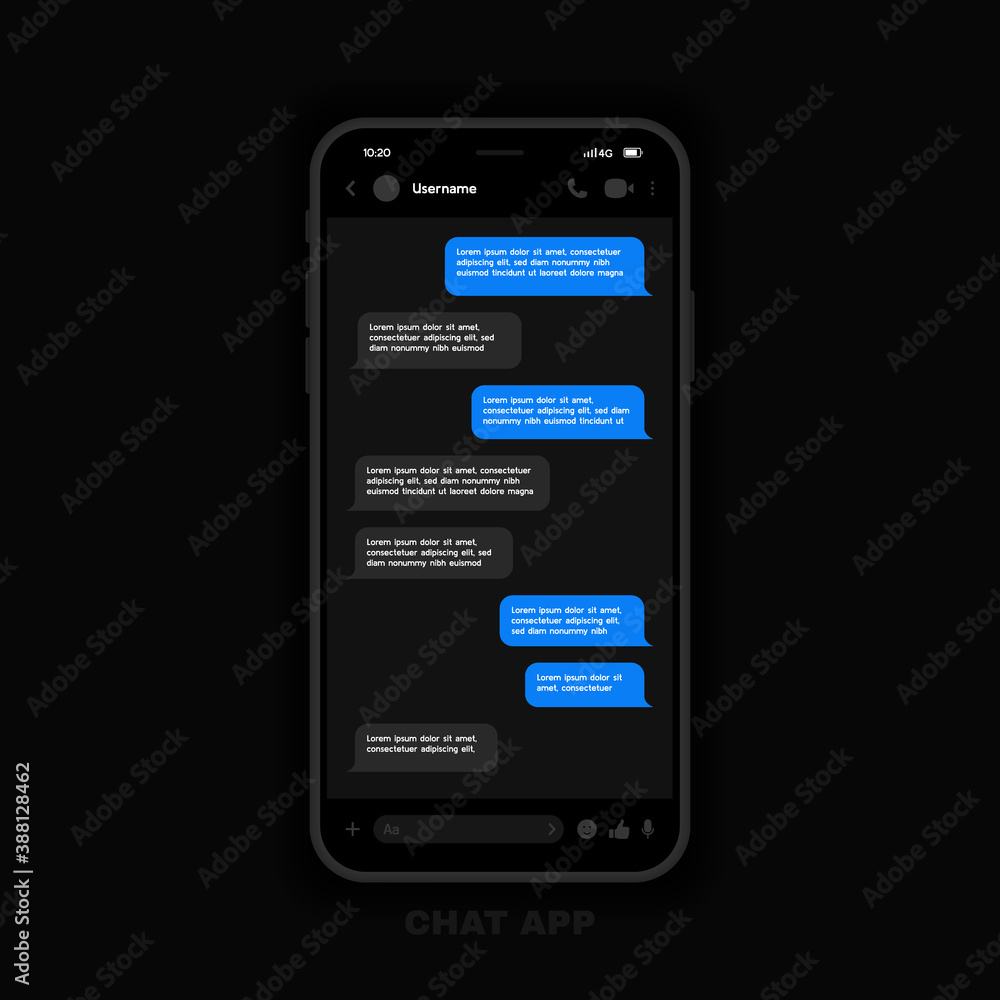 Poster messenger ui and ux concept with dark interface. smart phone with messenger chat screen. vector illu
