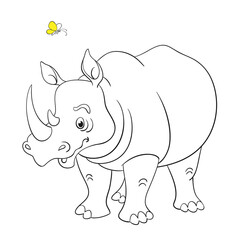 Big rhino and small butterfly. Black and white picture with yellow accent. In cartoon style. Isolated on white background. For coloring book