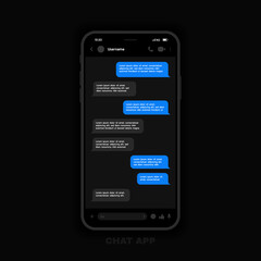 Messenger UI and UX Concept with dark interface. Smart Phone with messenger chat screen. Vector illustration