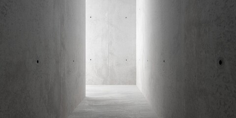 Abstract empty, modern concrete room or hallway with indirect lighting from back wall and rough floor - industrial interior background template