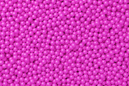 Ball Pool Or Pit Filled With Pink Plastic Balls, Abstract Texture Background Top View Flat Lay From Above