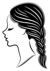 Silhouette profile of a cute lady's head. The girl shows the female hairstyle braid on medium and long hair. Suitable for advertising, logo. Vector illustration.
