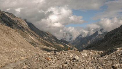 Gangotri is one of the main Hindu holy places of pilgrimage in the Himalayas. The trail from Gangotri to Gomukh runs between the mountain peaks.