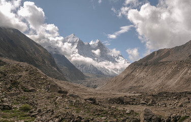 Gangotri is one of the main Hindu holy places of pilgrimage in the Himalayas. The trail from Gangotri to Gomukh runs between the mountain peaks.