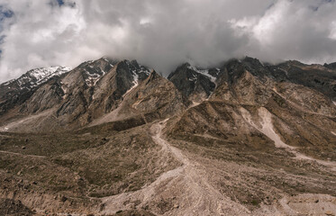 Gangotri is one of the main Hindu holy places of pilgrimage in the Himalayas. The trail from Gangotri to Gomukh runs between the mountain peaks.