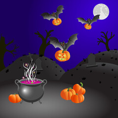 Halloween 2020. The worldwide epidemic of coronavirus NCOV-19. A bat carries a pumpkin with coronavirus. A potion with coronavirus is brewed in a magic cauldron.