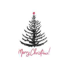 Christmas fir silhouette. Card Christmas forest with Merry Christmas text. Vector